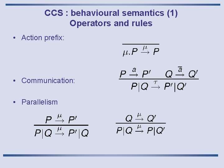 CCS : behavioural semantics (1) Operators and rules • Action prefix: • Communication: • CCS : behavioural semantics (1) Operators and rules • Action prefix: • Communication: •