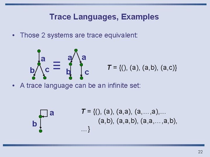 Trace Languages, Examples • Those 2 systems are trace equivalent: a b c ≡