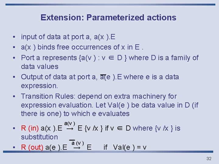 Extension: Parameterized actions • input of data at port a, a(x ). E •