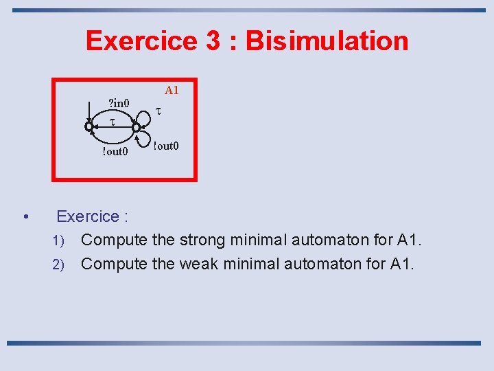 Exercice 3 : Bisimulation ? in 0 !out 0 • A 1 !out 0