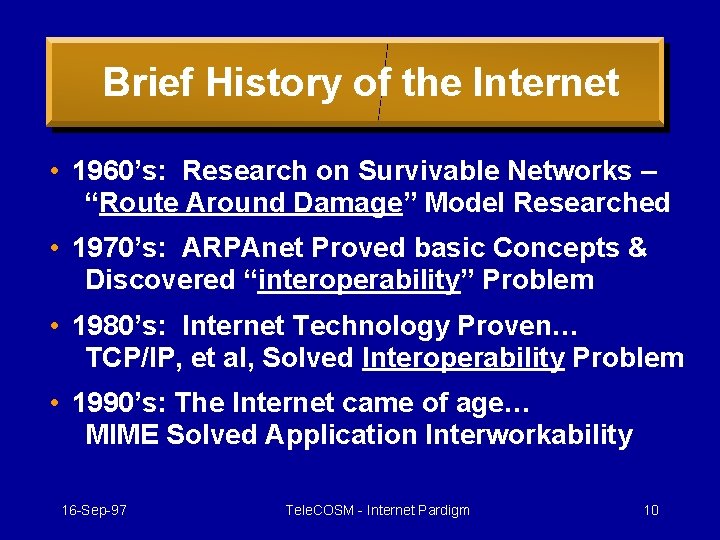 Brief History of the Internet • 1960’s: Research on Survivable Networks – “Route Around