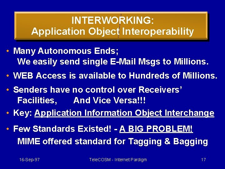 INTERWORKING: Application Object Interoperability • Many Autonomous Ends; We easily send single E-Mail Msgs