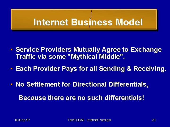Internet Business Model • Service Providers Mutually Agree to Exchange Traffic via some "Mythical