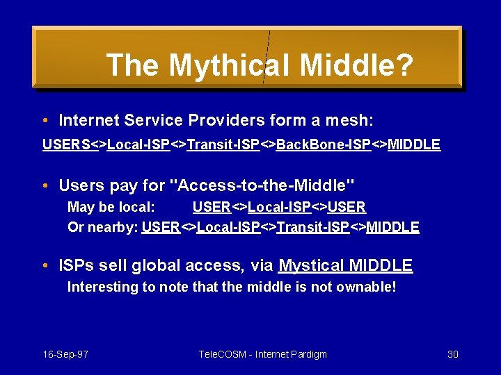The Mythical Middle? • Internet Service Providers form a mesh: USERS<>Local-ISP<>Transit-ISP<>Back. Bone-ISP<>MIDDLE • Users