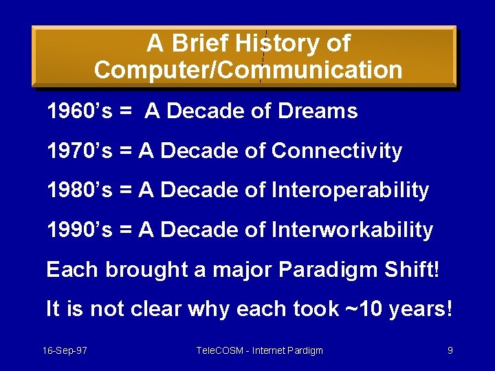 A Brief History of Computer/Communication 1960’s = A Decade of Dreams 1970’s = A