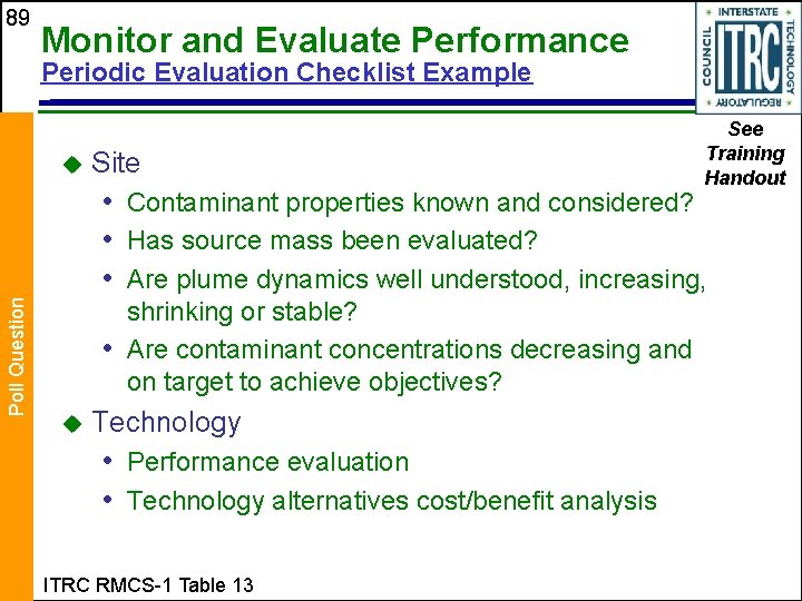 89 Monitor and Evaluate Performance Periodic Evaluation Checklist Example u Site See Training Handout