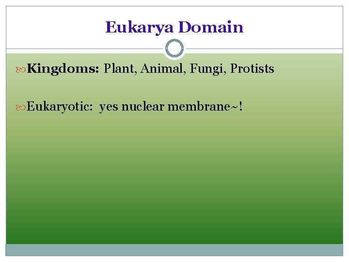 Eukarya Domain Kingdoms: Plant, Animal, Fungi, Protists Eukaryotic: yes nuclear membrane~! 