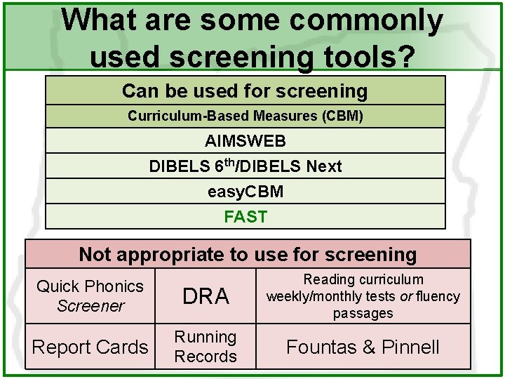 What are some commonly used screening tools? Can be used for screening Curriculum-Based Measures