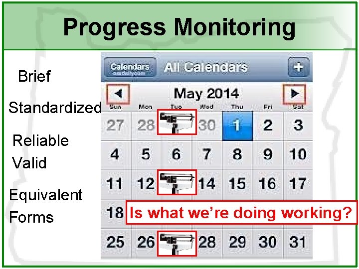 Progress Monitoring Brief Standardized Reliable Valid Equivalent Forms Is what we’re doing working? 