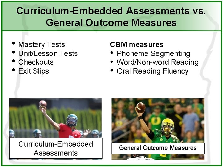 Curriculum-Embedded Assessments vs. General Outcome Measures • Mastery Tests • Unit/Lesson Tests • Checkouts