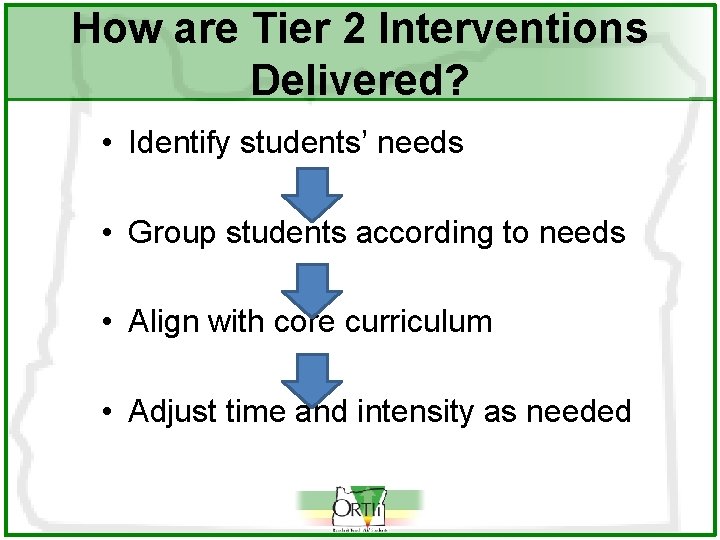 How are Tier 2 Interventions Delivered? • Identify students’ needs • Group students according