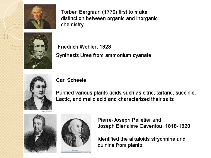 Torben Bergman (1770) first to make distinction between organic and inorganic chemistry Friedrich Wohler,