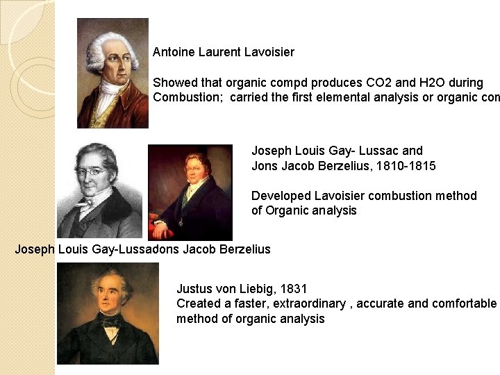 Antoine Laurent Lavoisier Showed that organic compd produces CO 2 and H 2 O