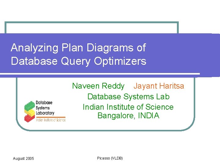 Analyzing Plan Diagrams of Database Query Optimizers Naveen Reddy Jayant Haritsa Database Systems Lab