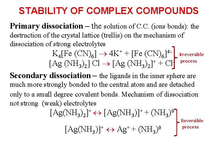 STABILITY OF COMPLEX COMPOUNDS Primary dissociation – the solution of C. C. (ions bonds):