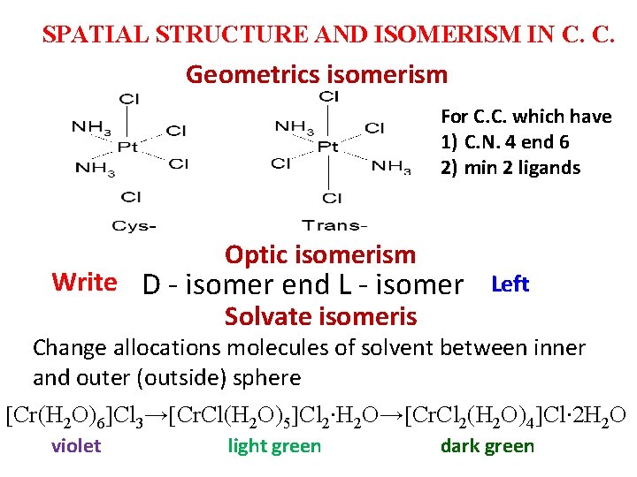 SPATIAL STRUCTURE AND ISOMERISM IN C. C. Geometrics isomerism For C. C. which have