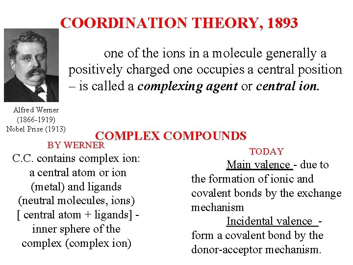COORDINATION THEORY, 1893 one of the ions in a molecule generally a positively charged