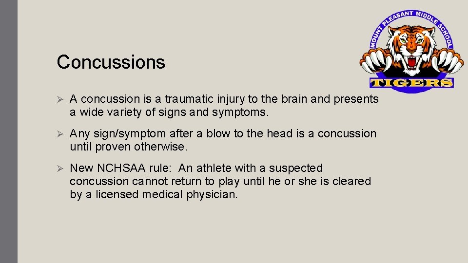 Concussions Ø A concussion is a traumatic injury to the brain and presents a