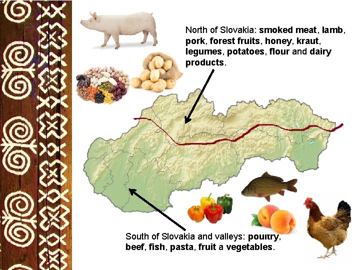 North of Slovakia: smoked meat, lamb, pork, forest fruits, honey, kraut, legumes, potatoes, flour