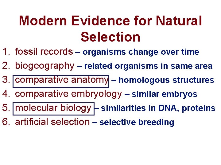 Modern Evidence for Natural Selection 1. 2. 3. 4. 5. 6. fossil records –