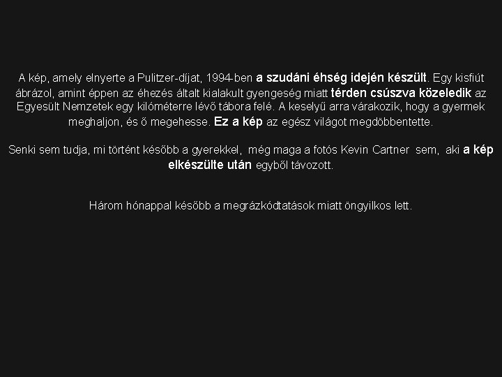 A kép, amely elnyerte a Pulitzer-díjat, 1994 -ben a szudáni éhség idején készült. Egy