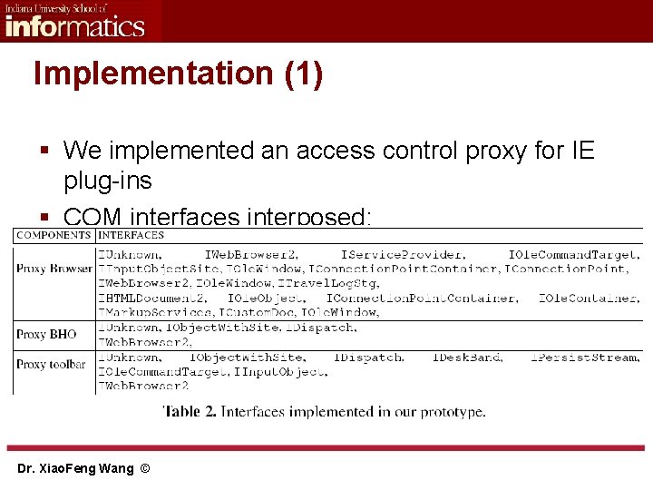 Implementation (1) § We implemented an access control proxy for IE plug-ins § COM