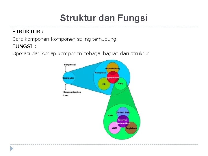 Struktur dan Fungsi STRUKTUR : Cara komponen-komponen saling terhubung FUNGSI : Operasi dari setiap