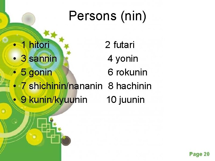 Persons (nin) • • • 1 hitori 2 futari 3 sannin 4 yonin 5