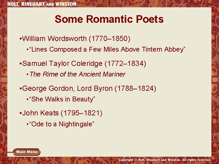 Some Romantic Poets • William Wordsworth (1770– 1850) • “Lines Composed a Few Miles