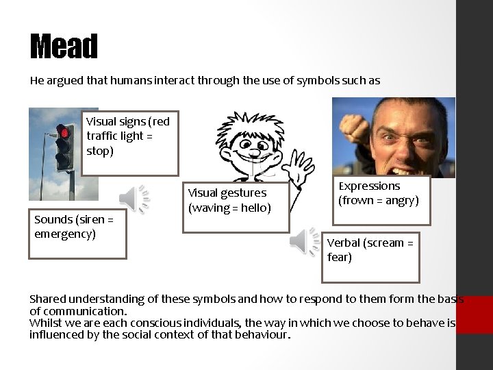 Mead He argued that humans interact through the use of symbols such as Visual