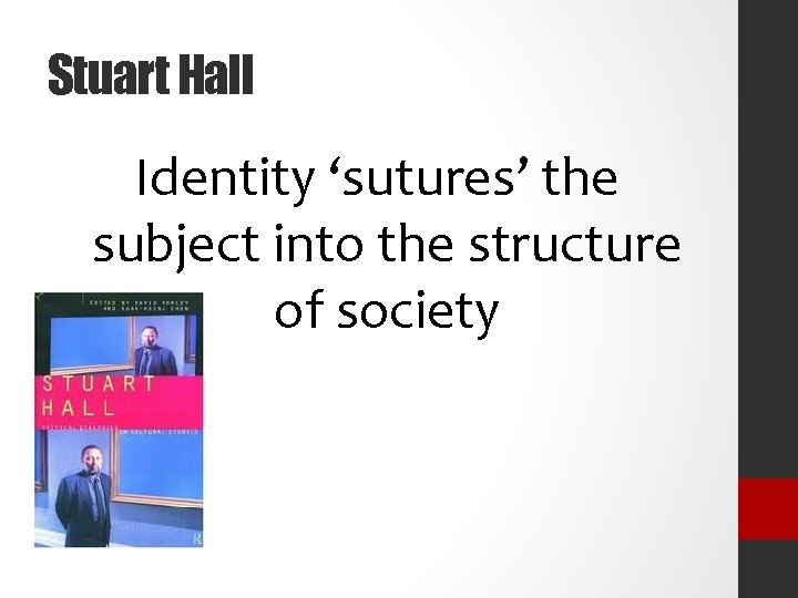 Stuart Hall Identity ‘sutures’ the subject into the structure of society 