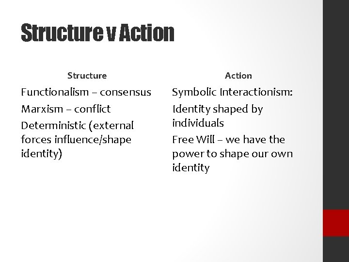 Structure v Action Structure Functionalism – consensus Marxism – conflict Deterministic (external forces influence/shape