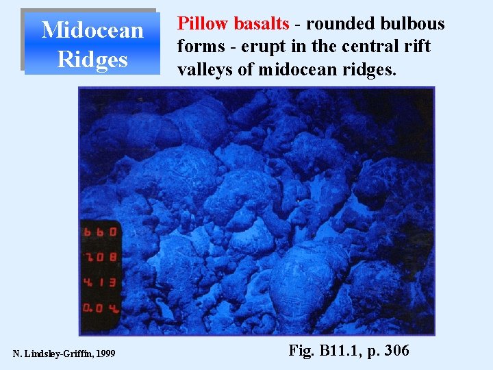 Midocean Ridges N. Lindsley-Griffin, 1999 Pillow basalts - rounded bulbous forms - erupt in