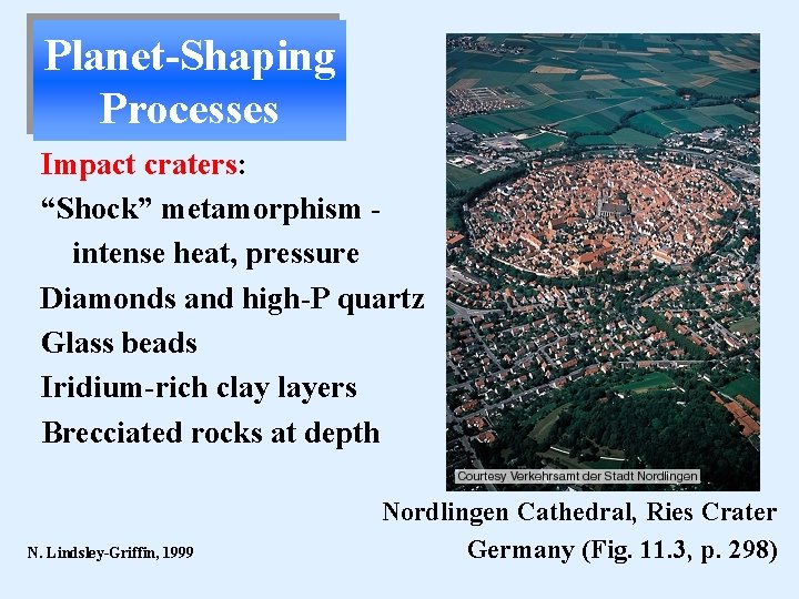 Planet-Shaping Processes Impact craters: “Shock” metamorphism intense heat, pressure Diamonds and high-P quartz Glass