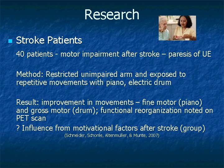 Research n Stroke Patients 40 patients - motor impairment after stroke – paresis of