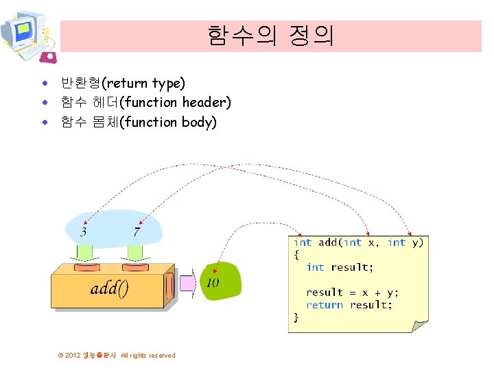 함수의 정의 · 반환형(return type) · 함수 헤더(function header) · 함수 몸체(function body) ©