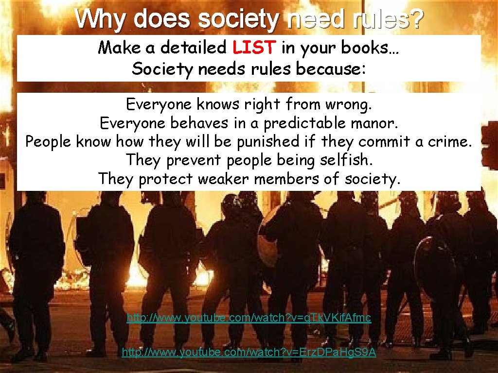 Why does society need rules? Make a detailed LIST in your books… Society needs