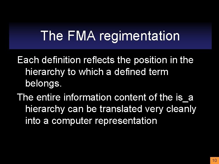 The FMA regimentation Each definition reflects the position in the hierarchy to which a