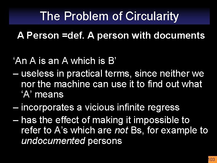 The Problem of Circularity A Person =def. A person with documents ‘An A is