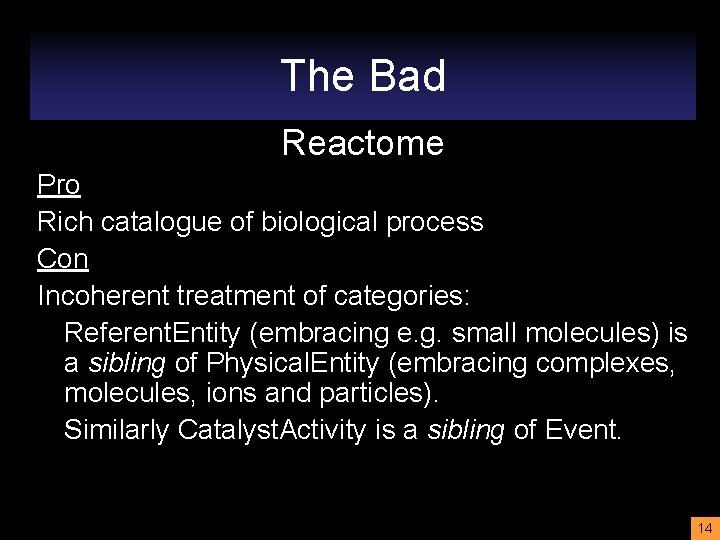 The Bad Reactome Pro Rich catalogue of biological process Con Incoherent treatment of categories: