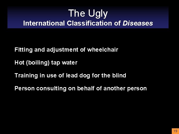 The Ugly International Classification of Diseases Fitting and adjustment of wheelchair Hot (boiling) tap