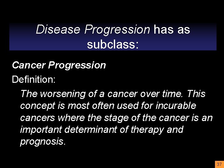 Disease Progression has as subclass: Cancer Progression Definition: The worsening of a cancer over