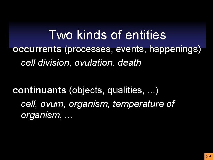 Two kinds of entities occurrents (processes, events, happenings) cell division, ovulation, death continuants (objects,