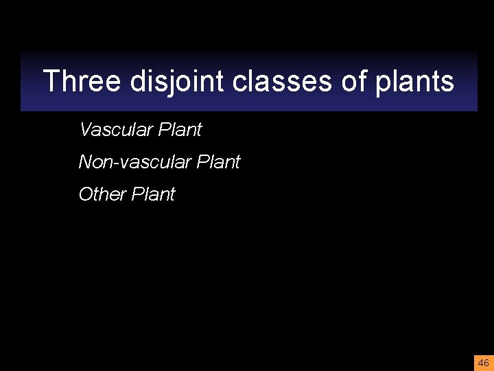Three disjoint classes of plants Vascular Plant Non-vascular Plant Other Plant 46 