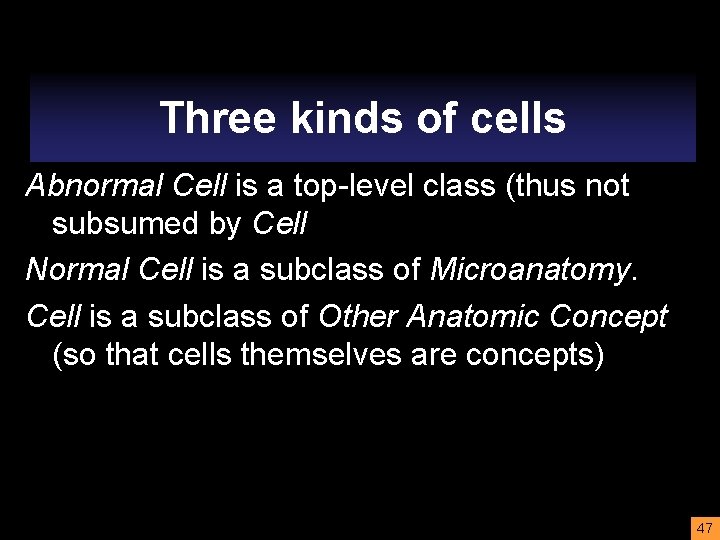 Three kinds of cells Abnormal Cell is a top-level class (thus not subsumed by