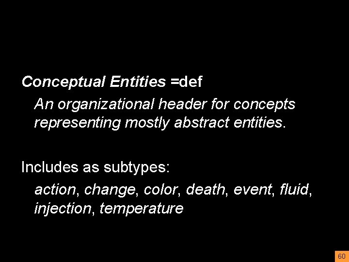 Conceptual Entities =def An organizational header for concepts representing mostly abstract entities. Includes as