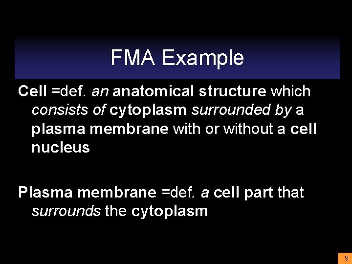 FMA Example Cell =def. an anatomical structure which consists of cytoplasm surrounded by a