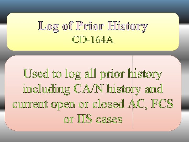 Log of Prior History CD-164 A Used to log all prior history including CA/N