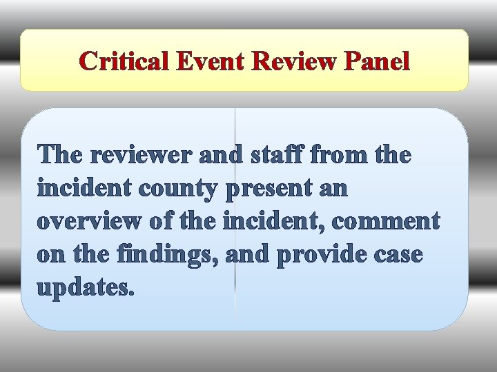 Critical Event Review Panel The reviewer and staff from the incident county present an