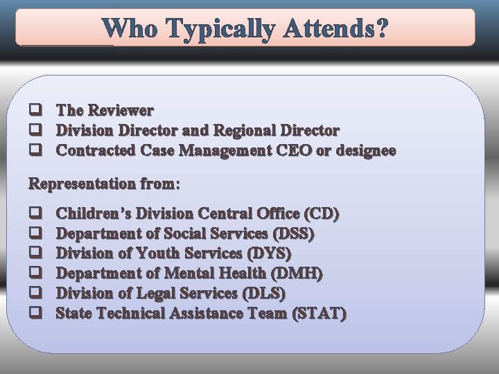 Who Typically Attends? q q q The Reviewer Division Director and Regional Director Contracted